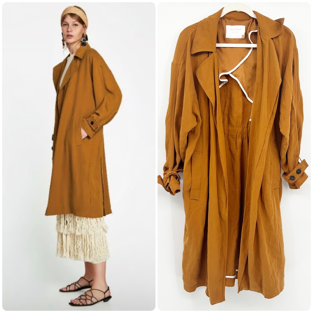 ZARA Womens Oversized Open Front Notched Collar Long Trench Coat Size S Camel